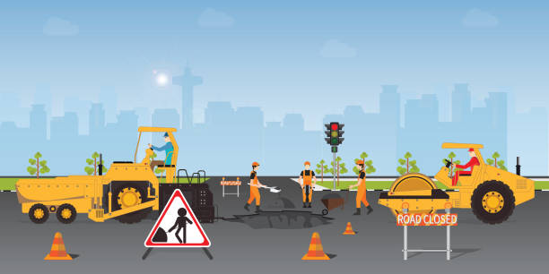 Workers change the asphalt, repair the road surface. Road roller makes the paving on street.Road under construction flat style design Vector illustration.