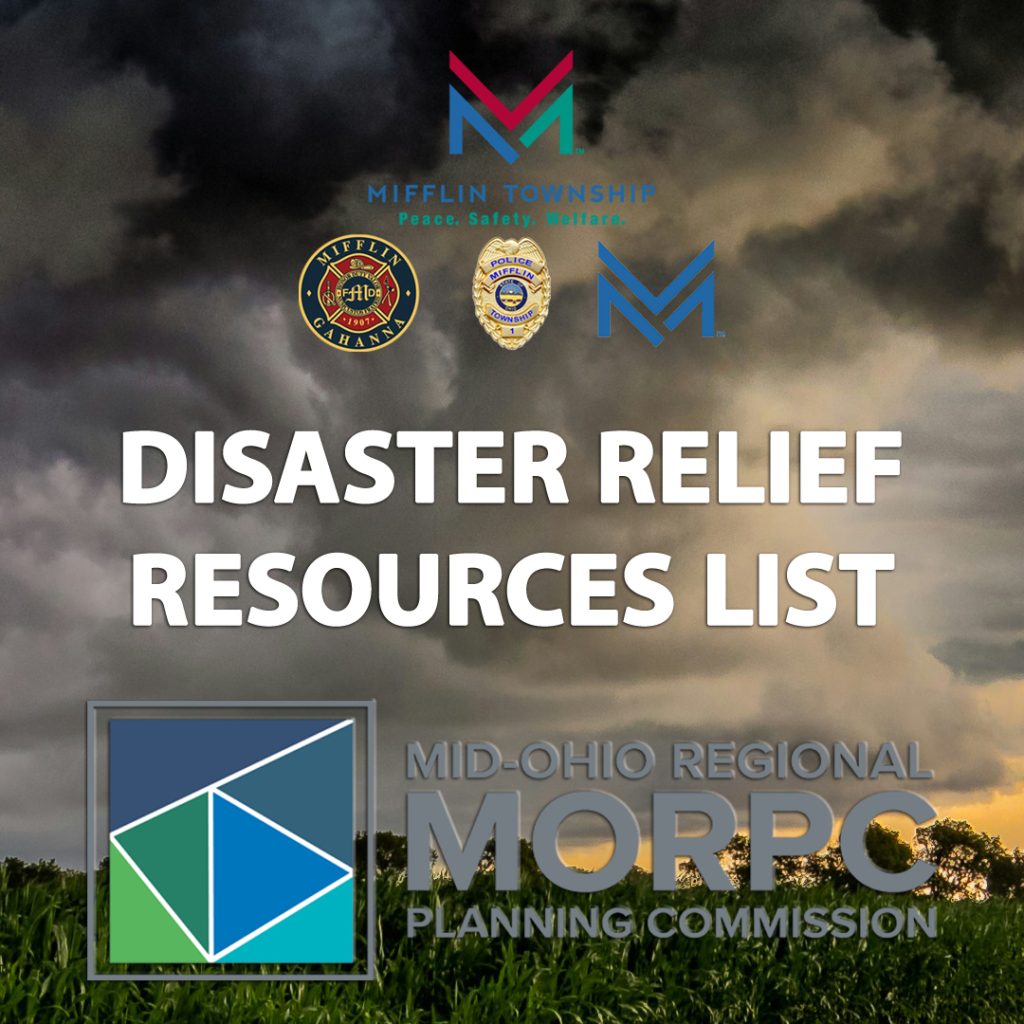 Image shows a photo of a storm with the words Disaster Relief Resources List