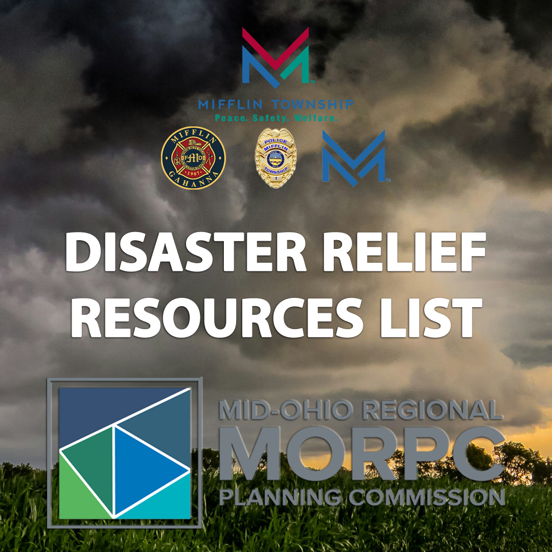 Image shows a photo of a storm with the words Disaster Relief Resources List